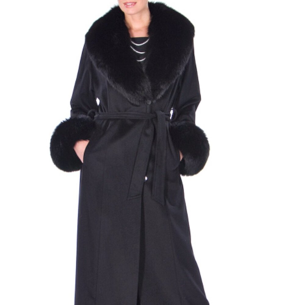 Cashmere classy style women coat with black fox fur